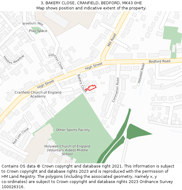 3, BAKERY CLOSE, CRANFIELD, BEDFORD, MK43 0HE: Location map and indicative extent of plot