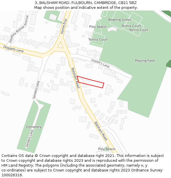 3, BALSHAM ROAD, FULBOURN, CAMBRIDGE, CB21 5BZ: Location map and indicative extent of plot