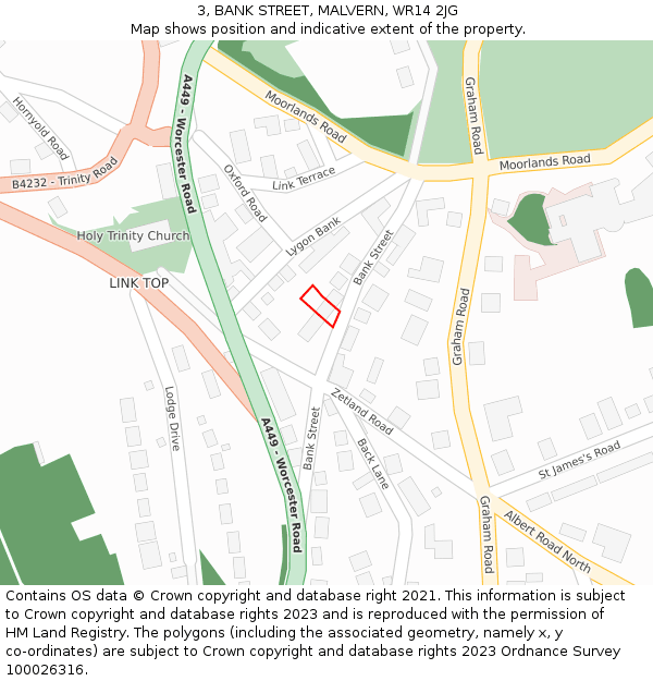 3, BANK STREET, MALVERN, WR14 2JG: Location map and indicative extent of plot