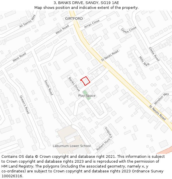 3, BANKS DRIVE, SANDY, SG19 1AE: Location map and indicative extent of plot