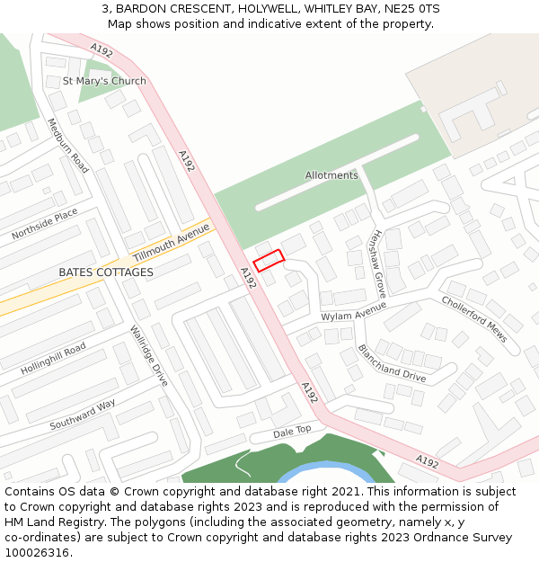 3, BARDON CRESCENT, HOLYWELL, WHITLEY BAY, NE25 0TS: Location map and indicative extent of plot