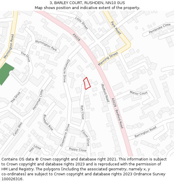 3, BARLEY COURT, RUSHDEN, NN10 0US: Location map and indicative extent of plot