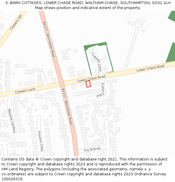 3, BARN COTTAGES, LOWER CHASE ROAD, WALTHAM CHASE, SOUTHAMPTON, SO32 2LH: Location map and indicative extent of plot