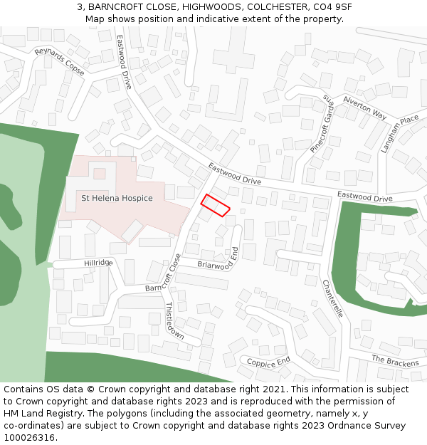 3, BARNCROFT CLOSE, HIGHWOODS, COLCHESTER, CO4 9SF: Location map and indicative extent of plot