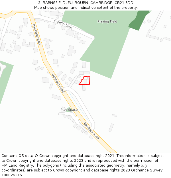 3, BARNSFIELD, FULBOURN, CAMBRIDGE, CB21 5DD: Location map and indicative extent of plot