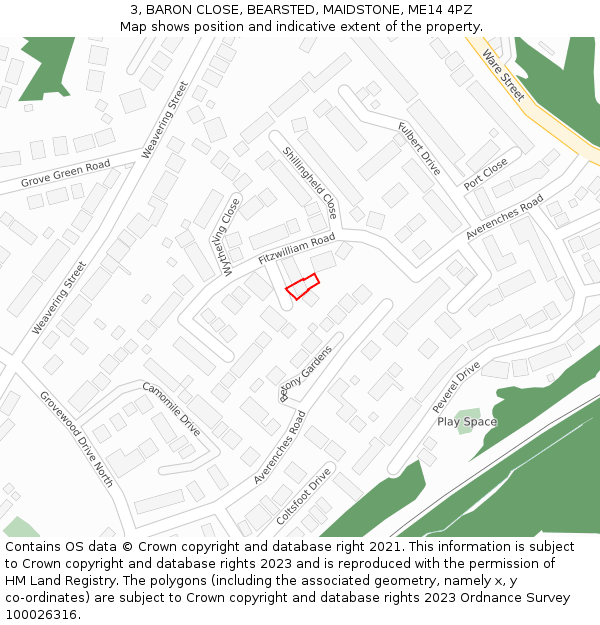 3, BARON CLOSE, BEARSTED, MAIDSTONE, ME14 4PZ: Location map and indicative extent of plot