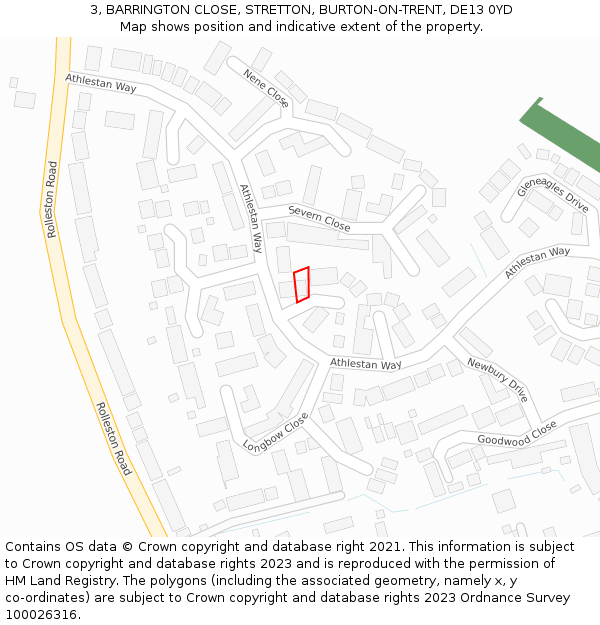 3, BARRINGTON CLOSE, STRETTON, BURTON-ON-TRENT, DE13 0YD: Location map and indicative extent of plot