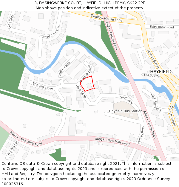 3, BASINGWERKE COURT, HAYFIELD, HIGH PEAK, SK22 2PE: Location map and indicative extent of plot