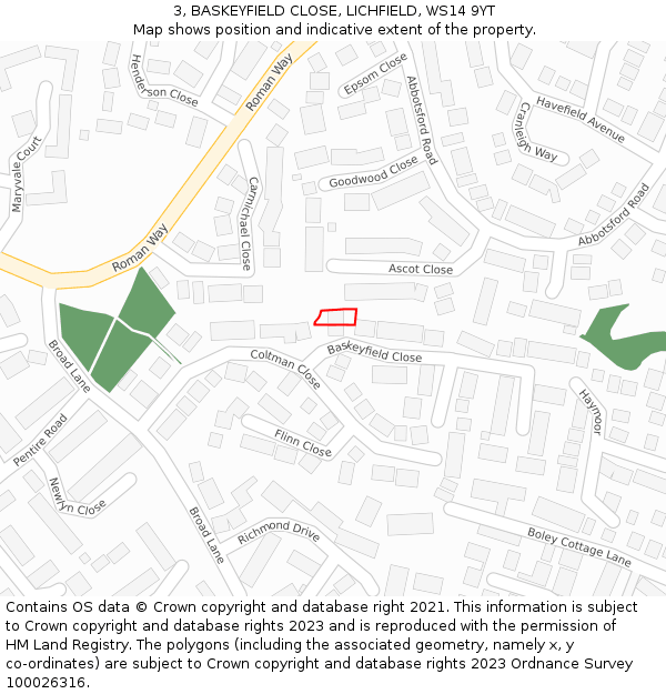 3, BASKEYFIELD CLOSE, LICHFIELD, WS14 9YT: Location map and indicative extent of plot