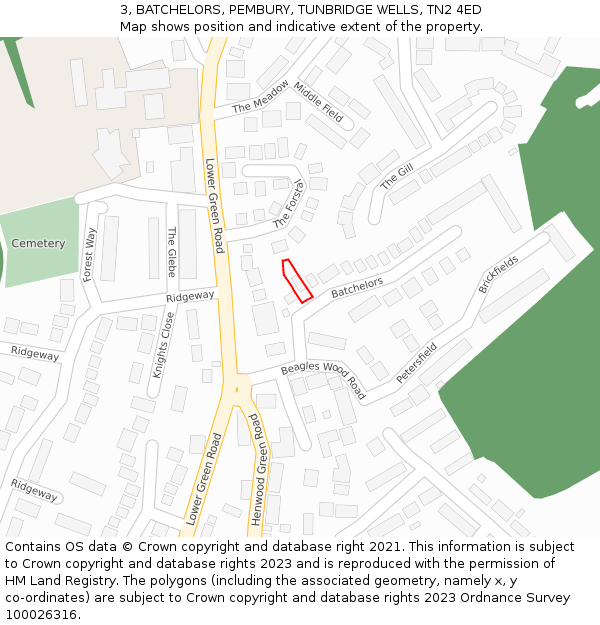 3, BATCHELORS, PEMBURY, TUNBRIDGE WELLS, TN2 4ED: Location map and indicative extent of plot