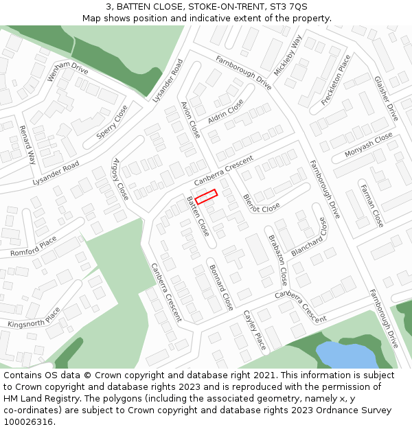 3, BATTEN CLOSE, STOKE-ON-TRENT, ST3 7QS: Location map and indicative extent of plot