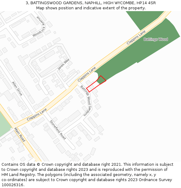 3, BATTINGSWOOD GARDENS, NAPHILL, HIGH WYCOMBE, HP14 4SR: Location map and indicative extent of plot