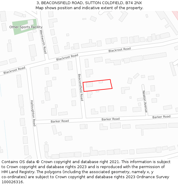 3, BEACONSFIELD ROAD, SUTTON COLDFIELD, B74 2NX: Location map and indicative extent of plot