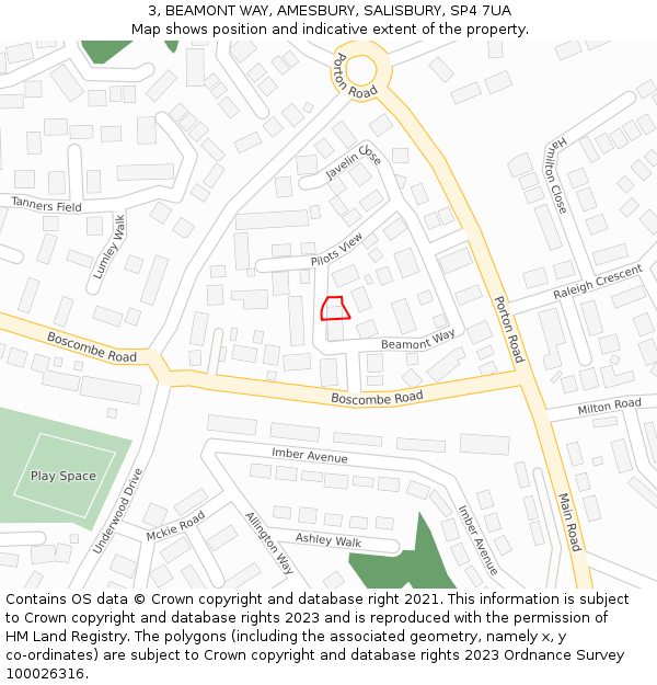 3, BEAMONT WAY, AMESBURY, SALISBURY, SP4 7UA: Location map and indicative extent of plot