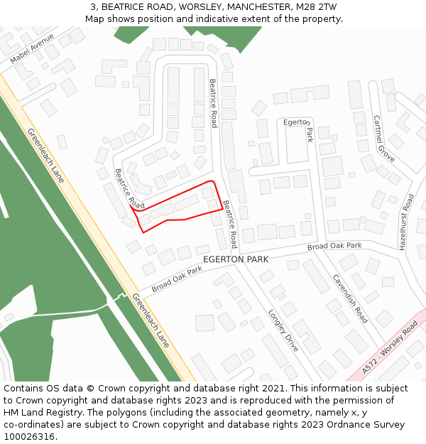 3, BEATRICE ROAD, WORSLEY, MANCHESTER, M28 2TW: Location map and indicative extent of plot