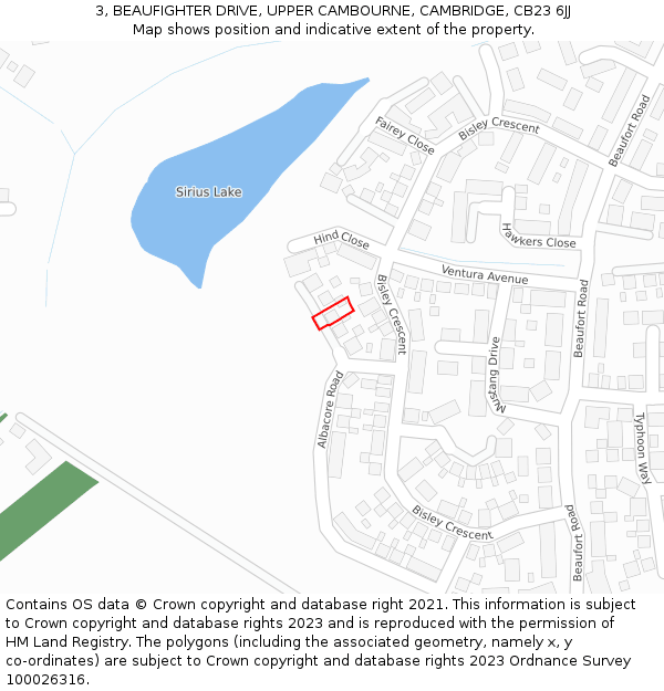 3, BEAUFIGHTER DRIVE, UPPER CAMBOURNE, CAMBRIDGE, CB23 6JJ: Location map and indicative extent of plot