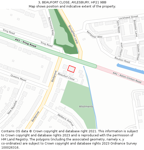 3, BEAUFORT CLOSE, AYLESBURY, HP21 9BB: Location map and indicative extent of plot