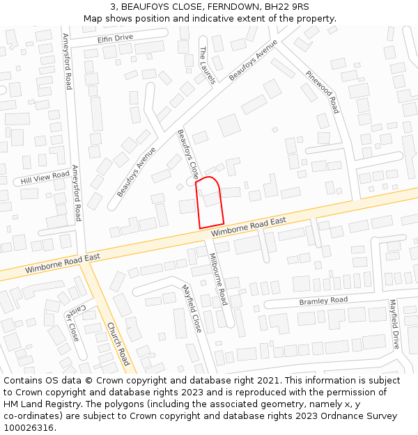 3, BEAUFOYS CLOSE, FERNDOWN, BH22 9RS: Location map and indicative extent of plot