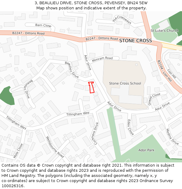 3, BEAULIEU DRIVE, STONE CROSS, PEVENSEY, BN24 5EW: Location map and indicative extent of plot