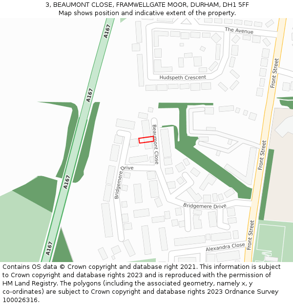 3, BEAUMONT CLOSE, FRAMWELLGATE MOOR, DURHAM, DH1 5FF: Location map and indicative extent of plot