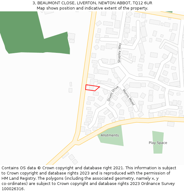 3, BEAUMONT CLOSE, LIVERTON, NEWTON ABBOT, TQ12 6UR: Location map and indicative extent of plot