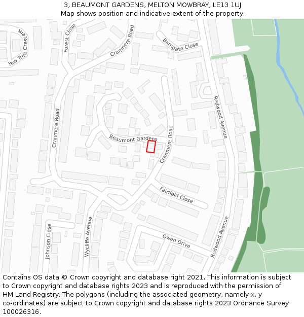 3, BEAUMONT GARDENS, MELTON MOWBRAY, LE13 1UJ: Location map and indicative extent of plot