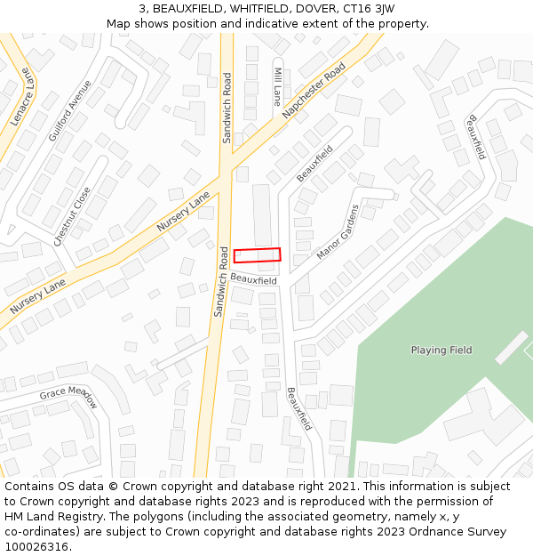 3, BEAUXFIELD, WHITFIELD, DOVER, CT16 3JW: Location map and indicative extent of plot