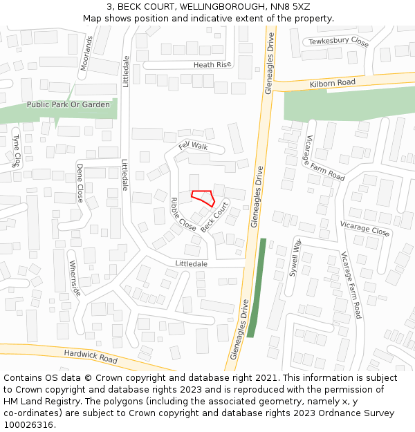 3, BECK COURT, WELLINGBOROUGH, NN8 5XZ: Location map and indicative extent of plot