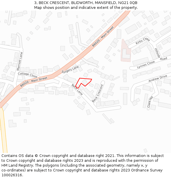 3, BECK CRESCENT, BLIDWORTH, MANSFIELD, NG21 0QB: Location map and indicative extent of plot