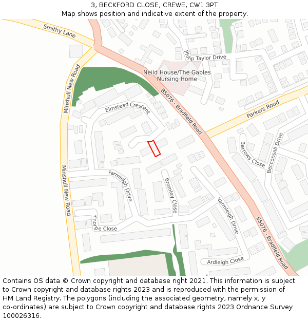 3, BECKFORD CLOSE, CREWE, CW1 3PT: Location map and indicative extent of plot