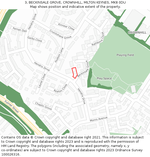 3, BECKINSALE GROVE, CROWNHILL, MILTON KEYNES, MK8 0DU: Location map and indicative extent of plot