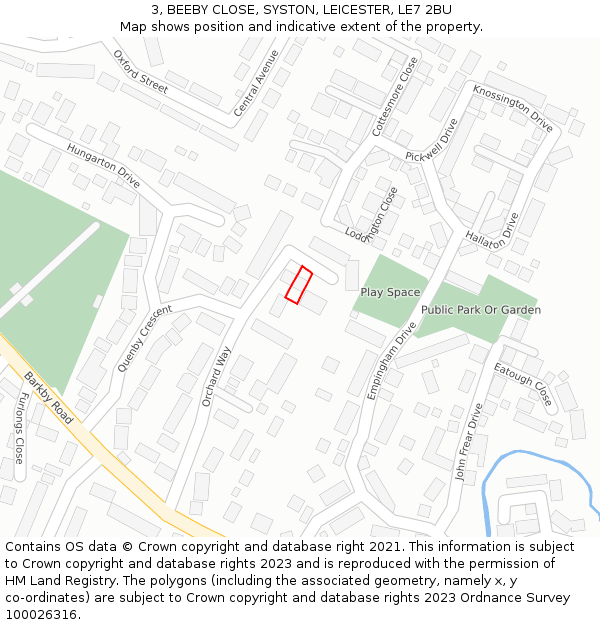 3, BEEBY CLOSE, SYSTON, LEICESTER, LE7 2BU: Location map and indicative extent of plot