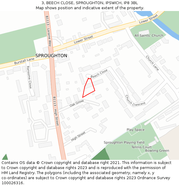 3, BEECH CLOSE, SPROUGHTON, IPSWICH, IP8 3BL: Location map and indicative extent of plot