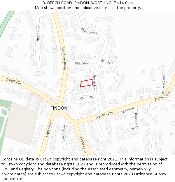 3, BEECH ROAD, FINDON, WORTHING, BN14 0UN: Location map and indicative extent of plot