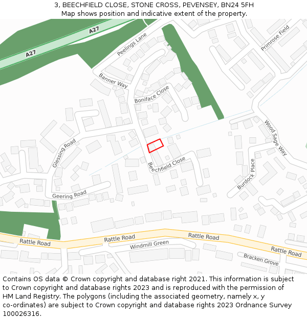 3, BEECHFIELD CLOSE, STONE CROSS, PEVENSEY, BN24 5FH: Location map and indicative extent of plot