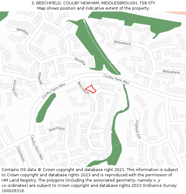 3, BEECHFIELD, COULBY NEWHAM, MIDDLESBROUGH, TS8 0TY: Location map and indicative extent of plot