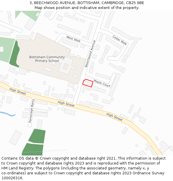 3, BEECHWOOD AVENUE, BOTTISHAM, CAMBRIDGE, CB25 9BE: Location map and indicative extent of plot