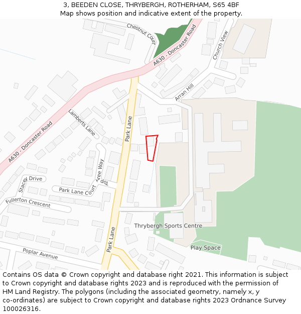 3, BEEDEN CLOSE, THRYBERGH, ROTHERHAM, S65 4BF: Location map and indicative extent of plot