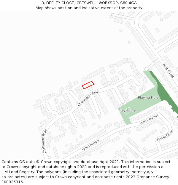 3, BEELEY CLOSE, CRESWELL, WORKSOP, S80 4GA: Location map and indicative extent of plot