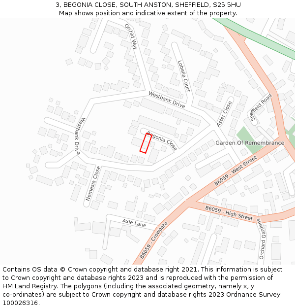 3, BEGONIA CLOSE, SOUTH ANSTON, SHEFFIELD, S25 5HU: Location map and indicative extent of plot