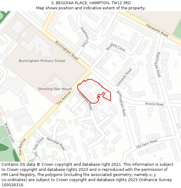 3, BEGONIA PLACE, HAMPTON, TW12 3RD: Location map and indicative extent of plot