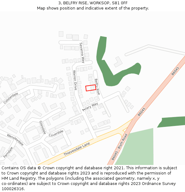 3, BELFRY RISE, WORKSOP, S81 0FF: Location map and indicative extent of plot