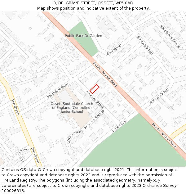 3, BELGRAVE STREET, OSSETT, WF5 0AD: Location map and indicative extent of plot