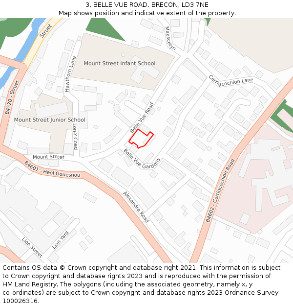 3, BELLE VUE ROAD, BRECON, LD3 7NE: Location map and indicative extent of plot