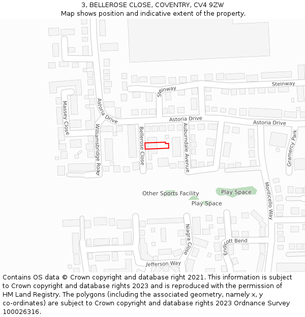 3, BELLEROSE CLOSE, COVENTRY, CV4 9ZW: Location map and indicative extent of plot