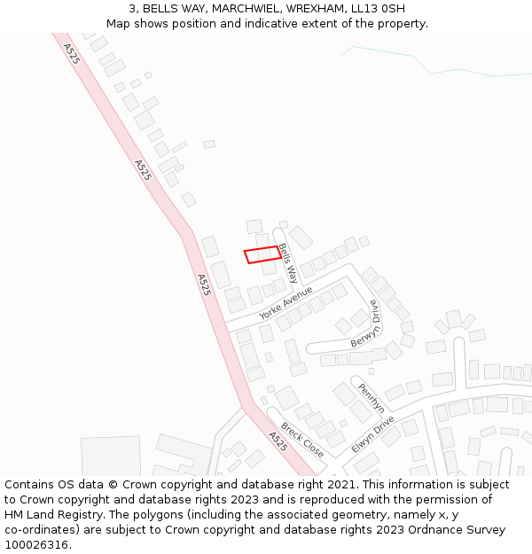 3, BELLS WAY, MARCHWIEL, WREXHAM, LL13 0SH: Location map and indicative extent of plot