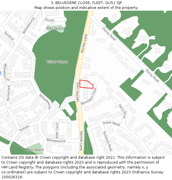 3, BELVEDERE CLOSE, FLEET, GU51 5JP: Location map and indicative extent of plot