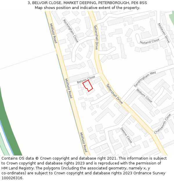 3, BELVOIR CLOSE, MARKET DEEPING, PETERBOROUGH, PE6 8SS: Location map and indicative extent of plot