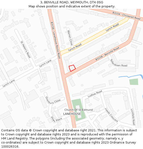 3, BENVILLE ROAD, WEYMOUTH, DT4 0SG: Location map and indicative extent of plot