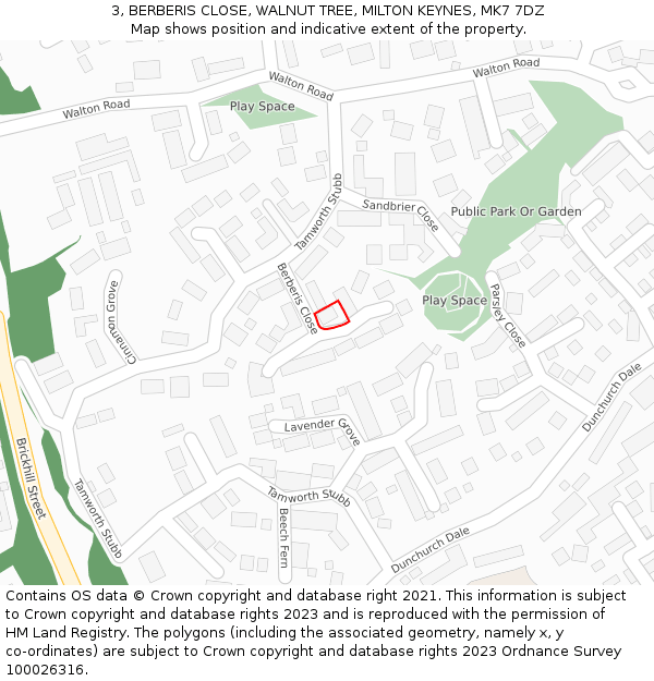 3, BERBERIS CLOSE, WALNUT TREE, MILTON KEYNES, MK7 7DZ: Location map and indicative extent of plot